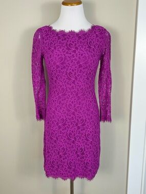 Diane Von Furstenberg Zarita Fuchsia Lace Long Sleeve Sheath Dress